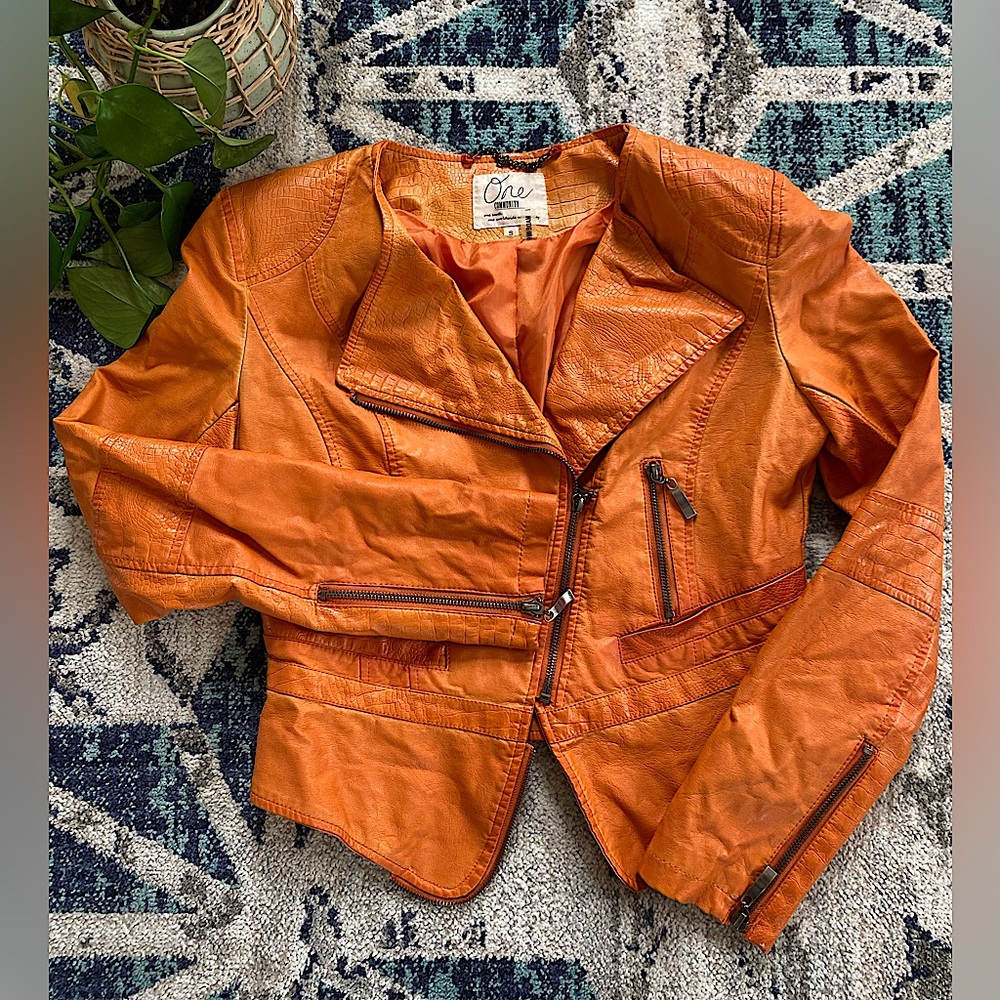 One Community Spring Orange Vegan Leather Moto Crop Biker Jacket